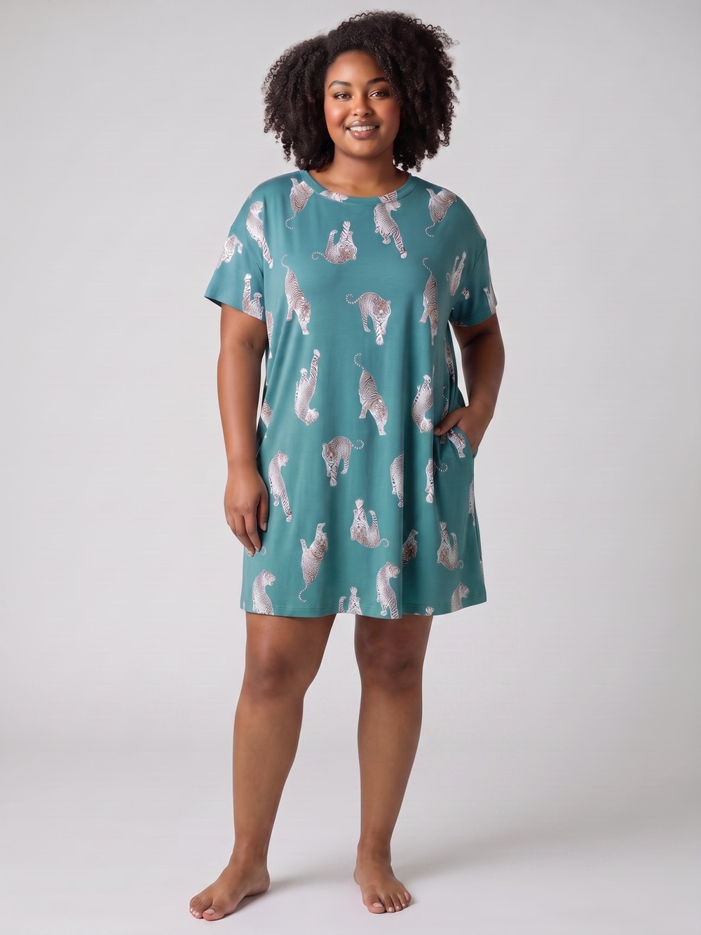 Joyspun Blue Tiger Print T-Shirt Dress Oversized Lounge Sleep Dress Pockets